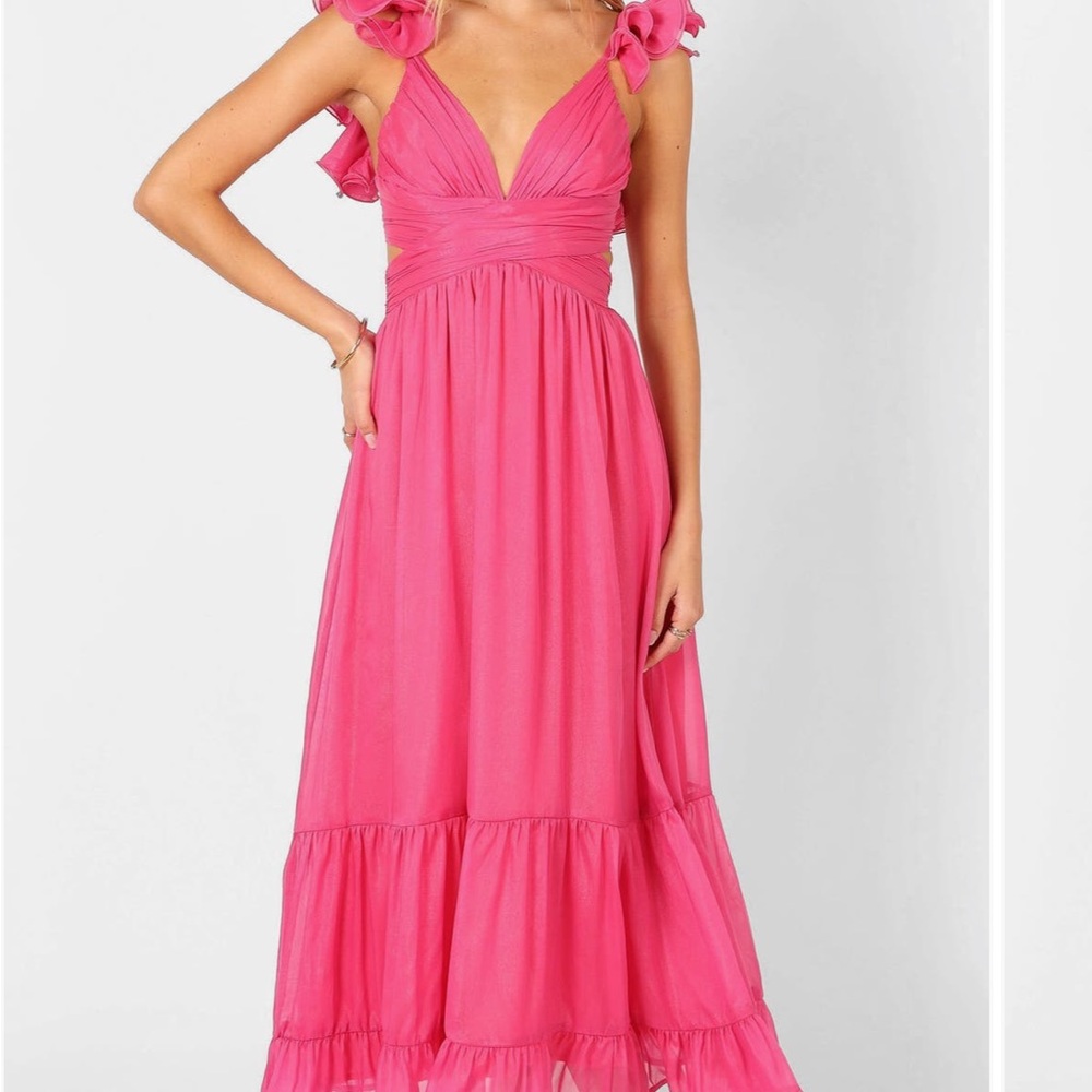 petal and pup Pink Tiered Ruffled Midi Sundress with Plunge Neckline